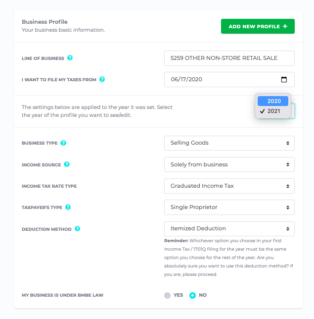 taxumo business profile setting year